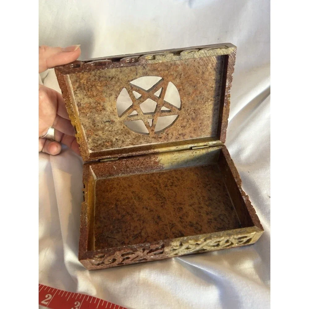 Pentagram Hand Carved Soap Stone Trinket Alter Box wiccan Celtic Marble